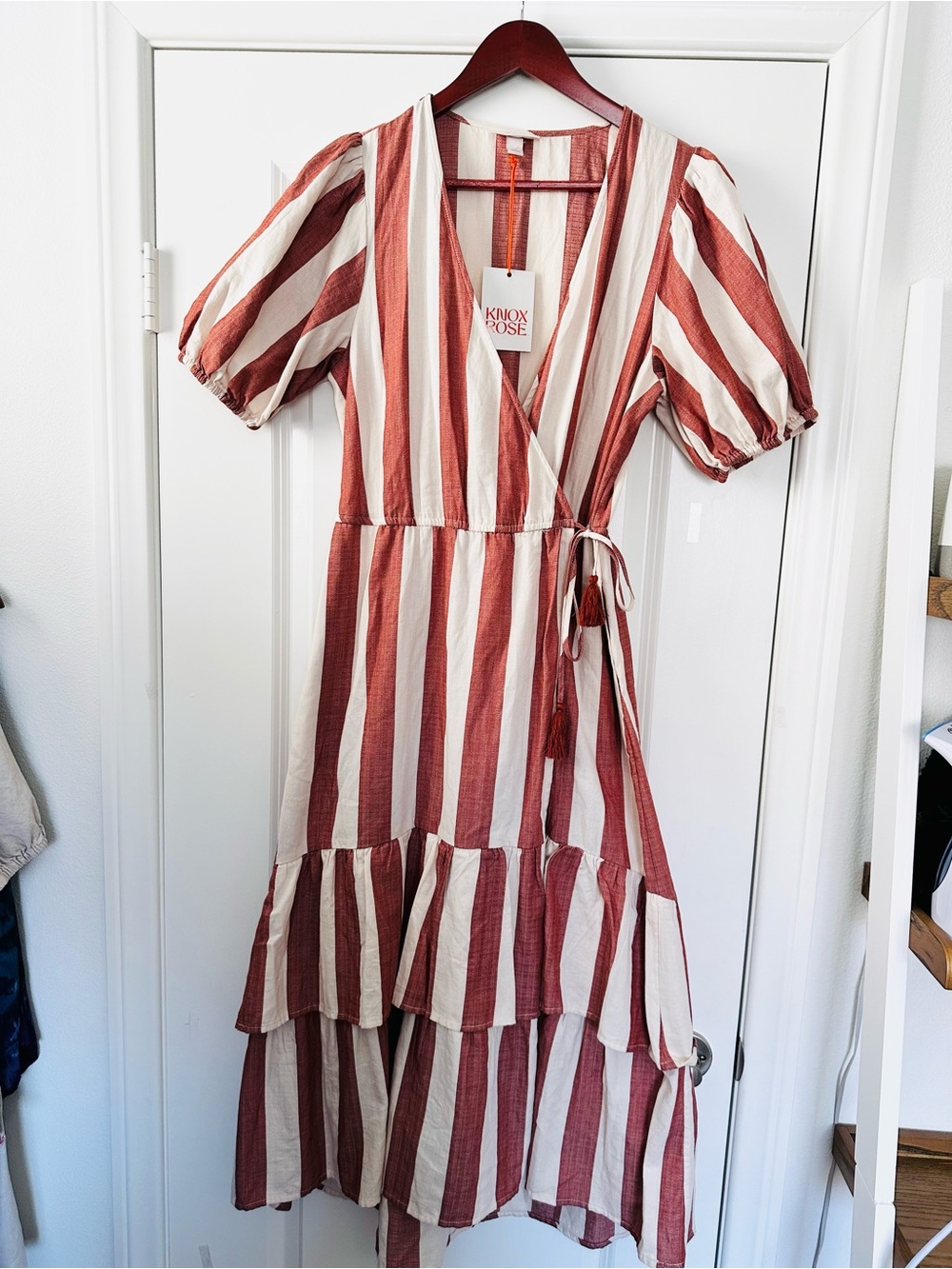 NWT Knox Rose 100% Cotton Wrap Maxi Dress Puff Sleeve Size Small